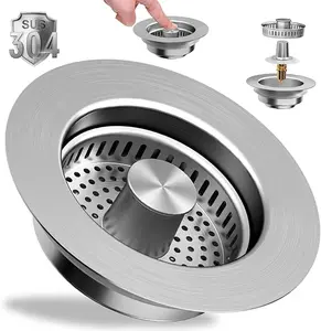 Upgraded 3 in 1 Kitchen Sink Drain Strainer Stopper, Brushed Stainless Steel SUS 304 Pop Up Sink Drain Stopper for Standard 3-1/2 Inch Drain Anti-Clogging Odor Prevention