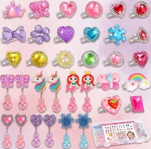 Girl's Toys for Ages 3-8, 5-7 Year Old Girls' Jewelry Toys (34 Pieces), Clip-on Earrings Children's Toys for Ages 6-8, Princess Themed Toys for Ages 8-10, Adjustable Rings Girl's Toys, Ideal Birthday Gifts for Girls Aged 3-8