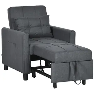 HOMCOM 3-in-1 Convertible Upholstered Chair-Bed Recliner, Portable Dual-Use Fold-Up Adjustable Padded Sofa Couch with Adjustable Backrest, Pillow, Pockets, Gray, Convertible Chair-Bed Recliners, Dual Use Recliners