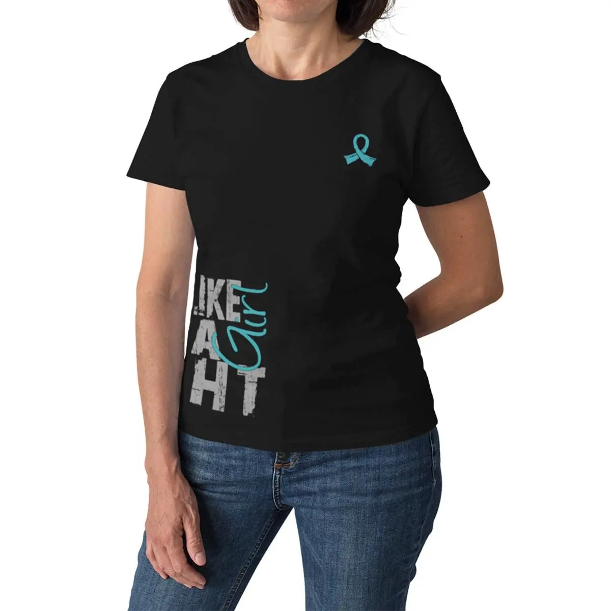 Fight Like a Girl Side Wrap v1 Women's T-Shirt - Black w/ Teal