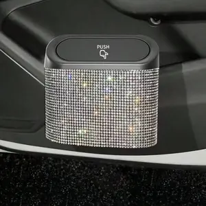 Mini Car Trash Can Bin with Lid, Bling Rhinestone Car Trash Can Bin, Hanging Car Garbage Trash Can Storage for Front Back Door, Car Organization Supplies