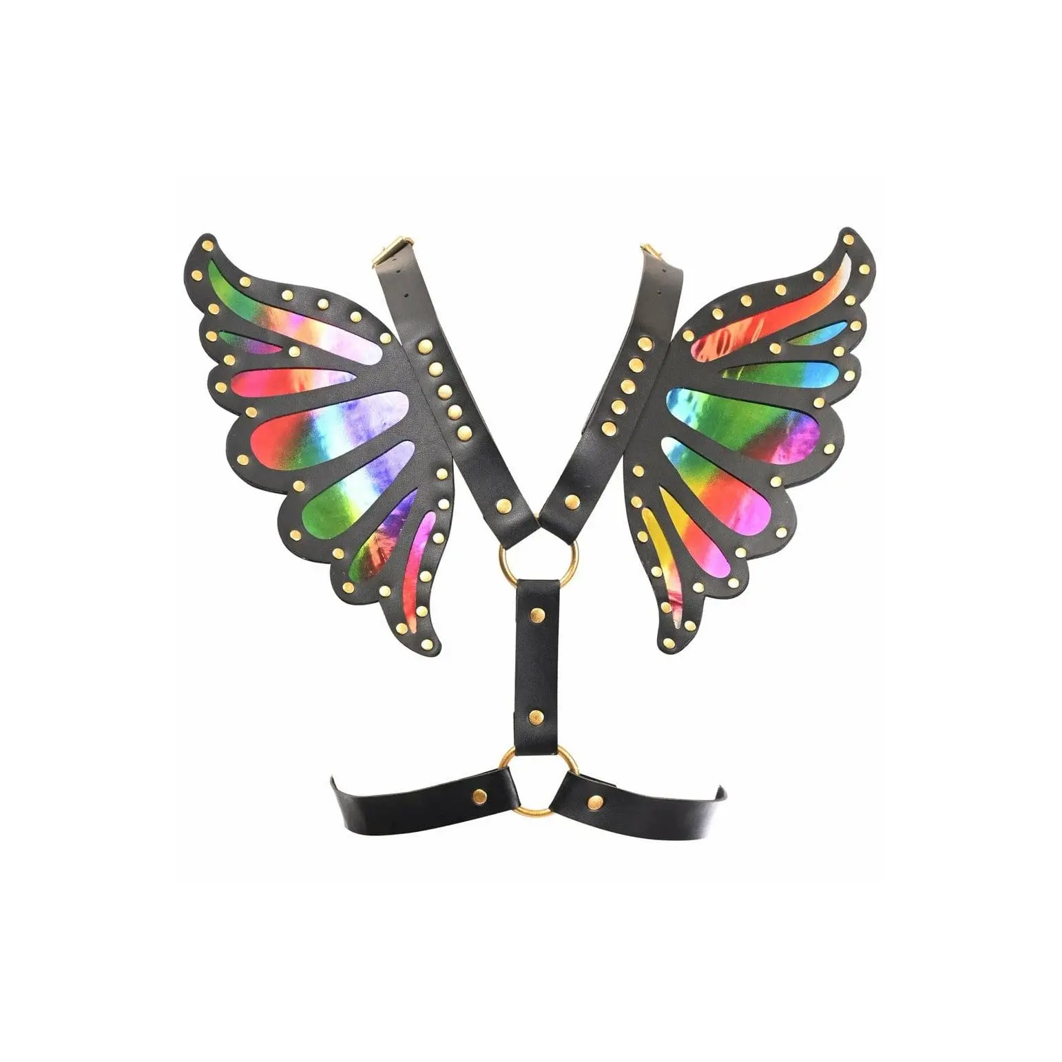 Women's Adjustable Black Faux Leather & Iridescent Rainbow Butterfly Wing Harness, Fashion Accessory for Party Wear