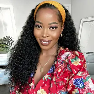 Bling Hair Water Wave Headband Wig Human Hair with Drawstring No-Slip Glueless Headband Half Human Hair Wig 180% Density Natural Black