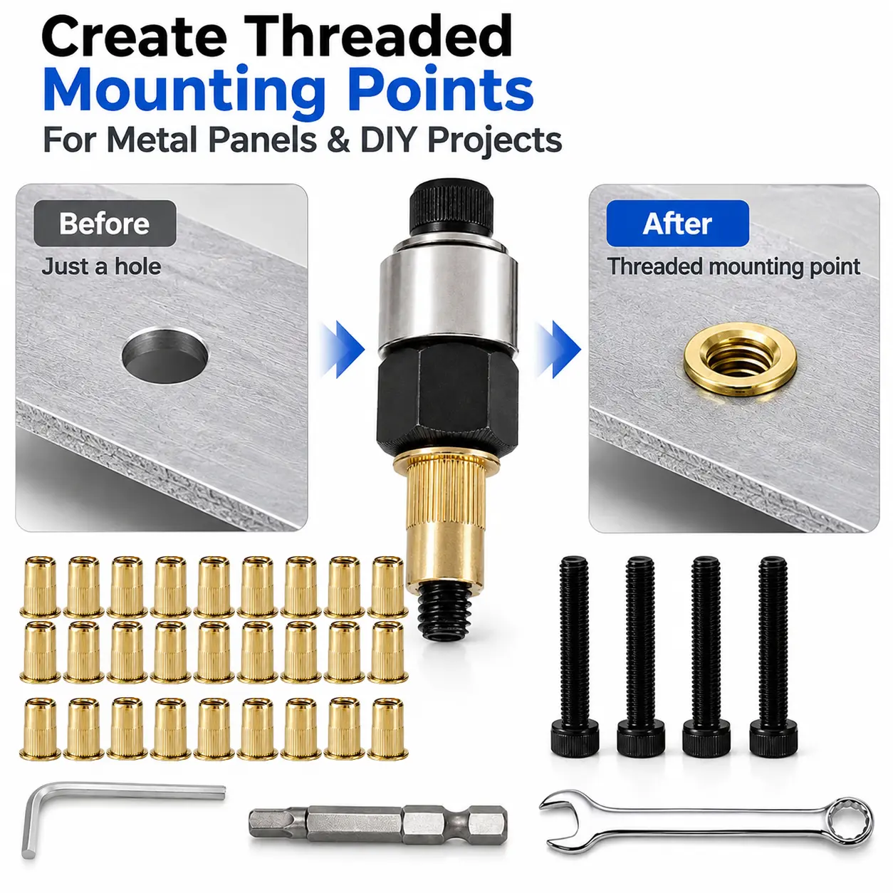 38PCS Rivet Nut Tool Kit, Cordless Drill Adapter Nutsert Installer with Metric Inserts for Sheet Metal Repair, Automotive and DIY Projects