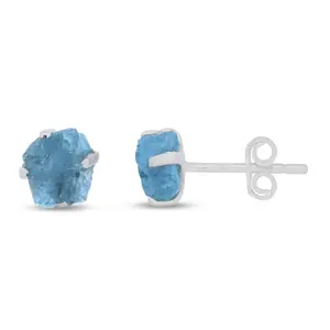 Aquamarine Raw Natural Earrings in Prong Stud Setting - Sterling Silver