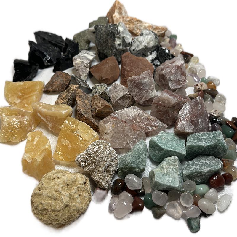 Raw Crystal Mining Bucket with Raw Crystals - 4 lbs Total Weight, rainbow moonstone , black obsidian , amethyst , fluorite , orange calcite so much more home decor natural crystal