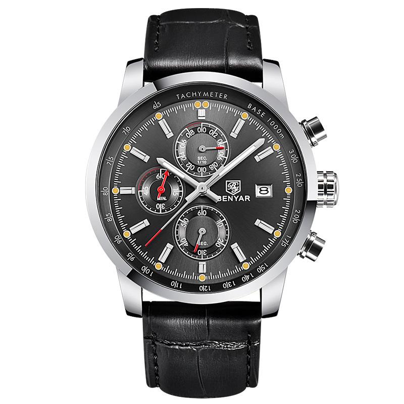 Benyar BY-5102M Men's Chronograph Watch Luxury Quartz Leather Strap Casual Business Wristwatch