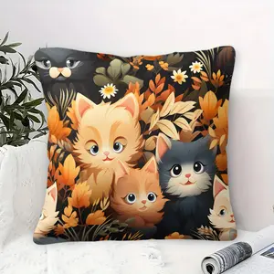 Cat-Print Throw Pillow — A charming, cartoon-style cushion perfect for cat lovers. Ideal for bedroom decor, as well as for use on sofas and chairs. Soft and comfortable. Size: 45 x 45 cm (1 piece). Includes pillow insert.Multiple patterns available