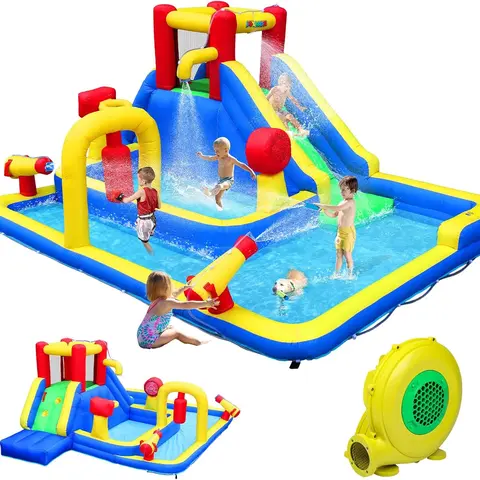 JOYMOR 10-in-1 Inflatable Play Center - Giant Bounce House with Inflatable Water Slide, Deeper Pool, Obstacle Course, Climbing Wall, 1-min Setup for 3-8 Yrs Kids Backyard Party Fun Water Playset Multi-Use Gift