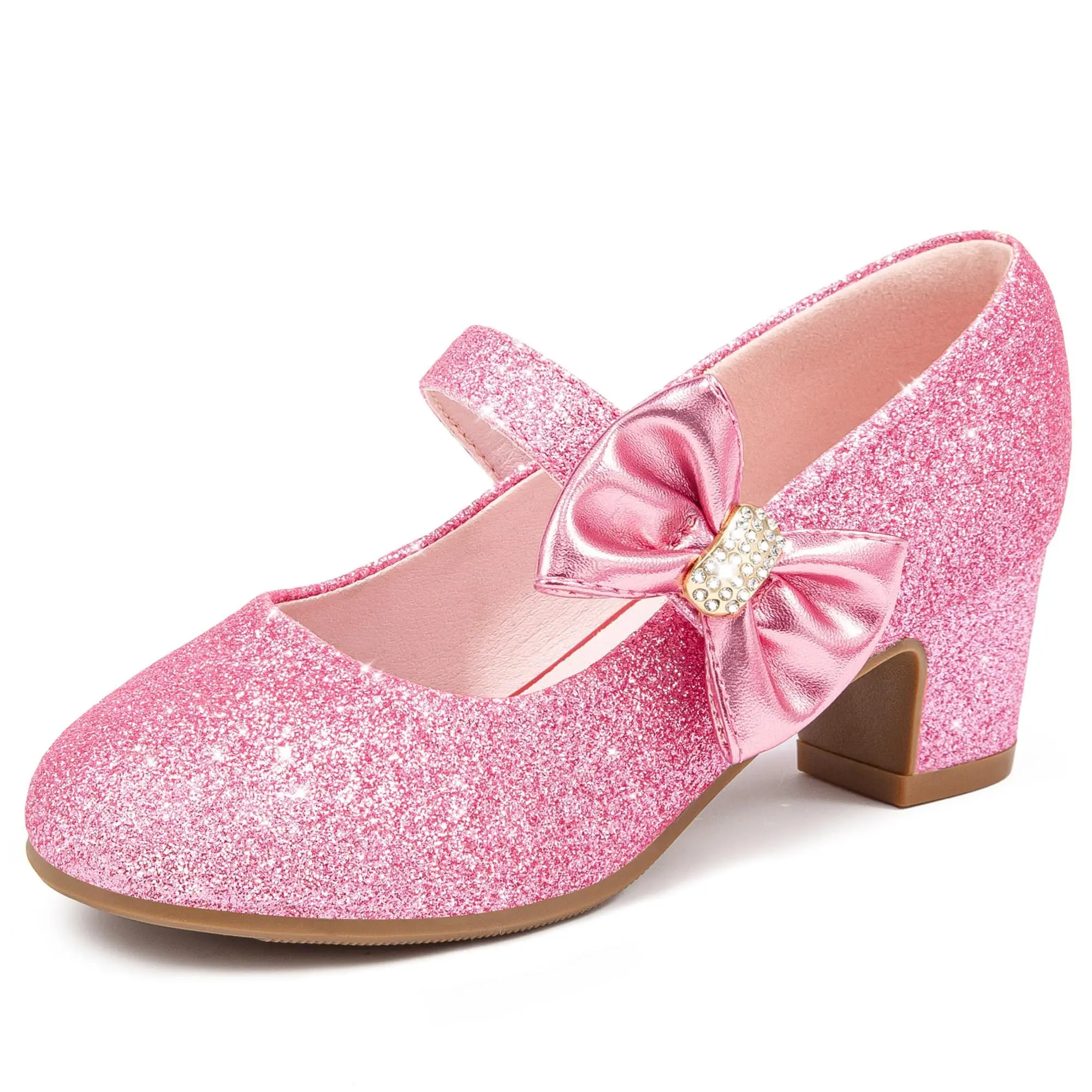 Girls' Mary Jane Dress Shoes, Glitter Heels with a Bow for a Princess Look, Round Toe & Velcro Strips for Toddlers and Little Kids, 1.65 Inches, Block Heels