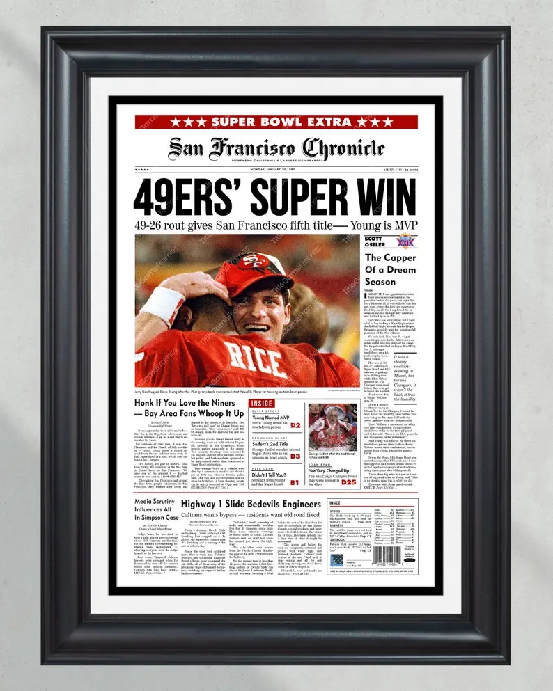 1995 San Francisco 49ers Super Bowl Champions No Frame Front Page Newspaper Print