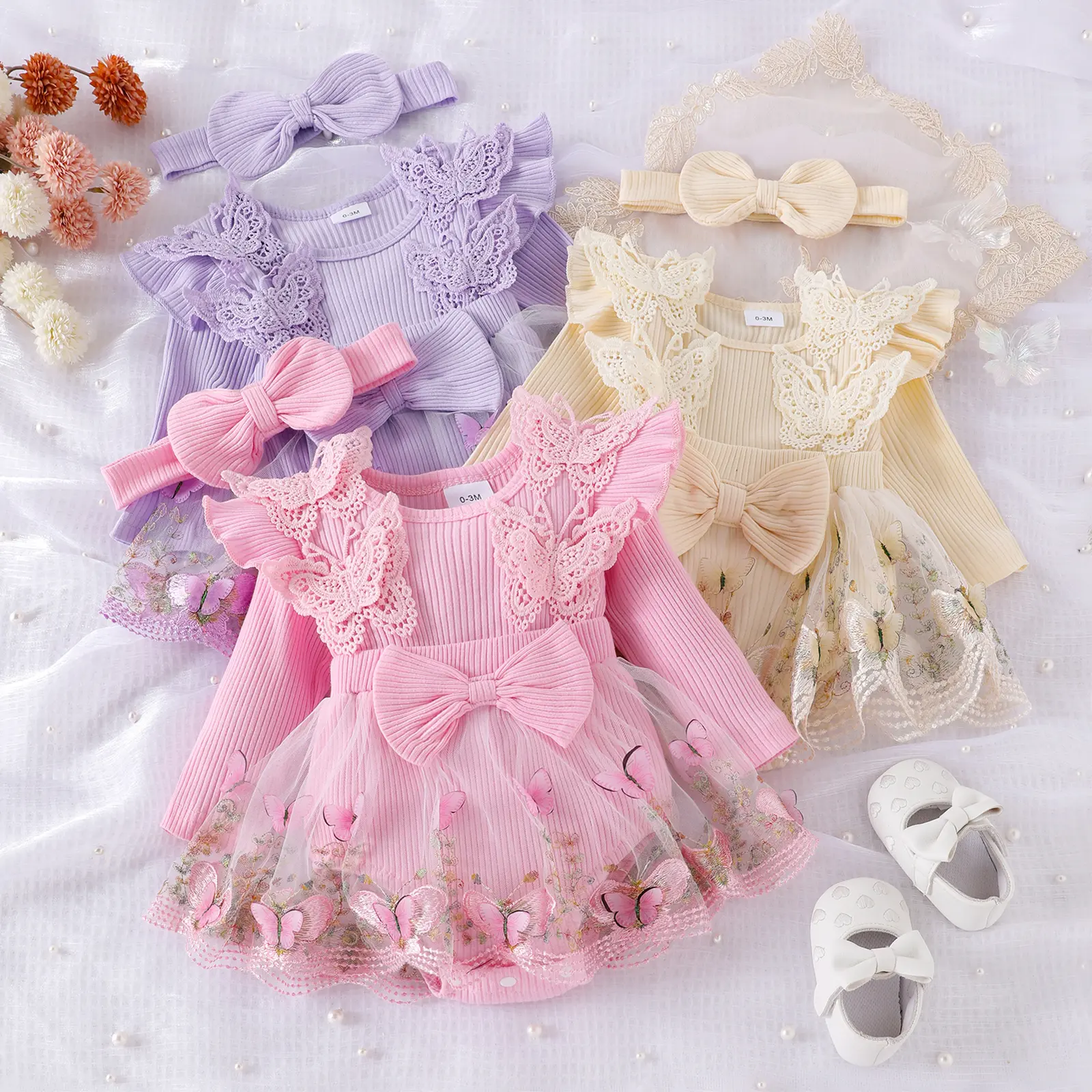 Baby Girls Clothing, Newborn Infant Long-Sleeve Crew-Neck A-Line Romper Dress with Embroidery Butterfly, Bowknot Headband, Cute Casual Outfits