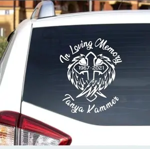 In Loving Memory, Cross with Angel wings, 10" vinyl window decal