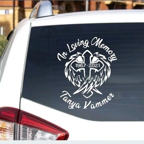 In Loving Memory, Cross with Angel wings, 10" vinyl window decal