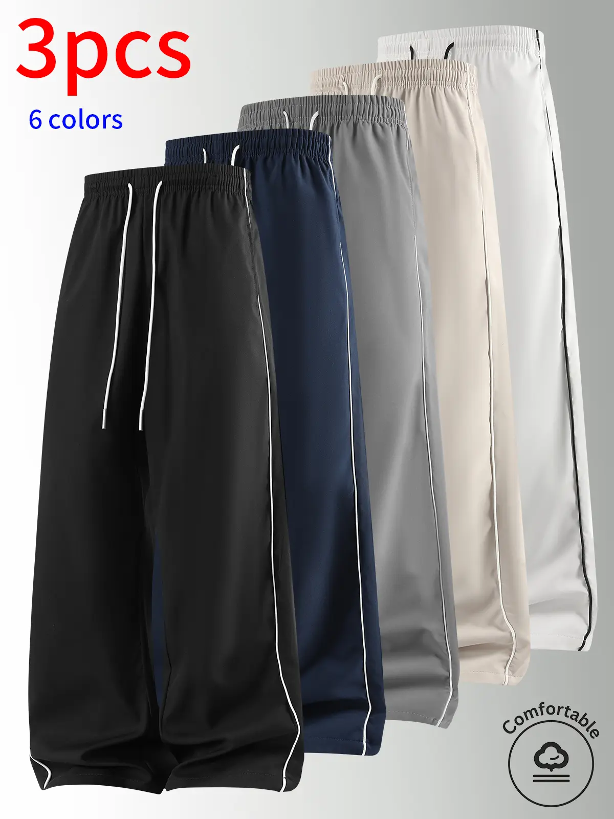 3-Pack Men’s Spring/Autumn Straight-Leg Pants, Side Stripes Color-Block Design, Drapey Slimming Wide-Leg Athletic Pants, Breathable Quick-Dry, Won’t Feel Claustrophobic, Casual Commuter Wear, Versatile, Available in Multiple Colors