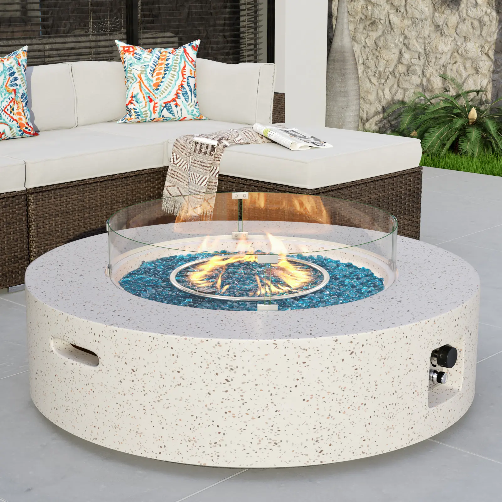 COSIEST  Outdoor Propane Fire Pit Table, Modern Terrazzo Coffee Table with 50,000 BTU Burner, Glass Wind Guard & Fire Glass for Backyard Patio