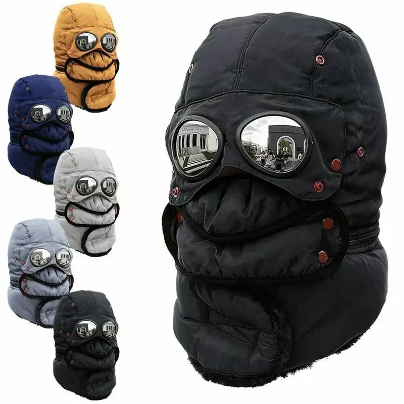 Winter Warm Hat with Detachable Goggles and Face Shield - Windproof Brushed Lined Ski Hat with Ear Flaps, Lightweight and Warm, Unisex, Multiple Colors Available (Black, Gray, Navy Blue, Beige, Yellow) - Ideal for Skiing