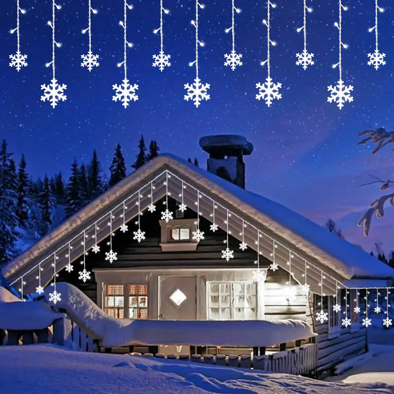 PEMOTech Valentine Snowflake LED Icicle Outdoor Christmas Lights, 20.67ft 264-LED Connectable Hanging Lights, 22 Drops, 8 Modes, IP65 Waterproof, Remote-Controlled, Adjustable Intensity Cool White for Garden Eaves Outside Decorations, Led Lights