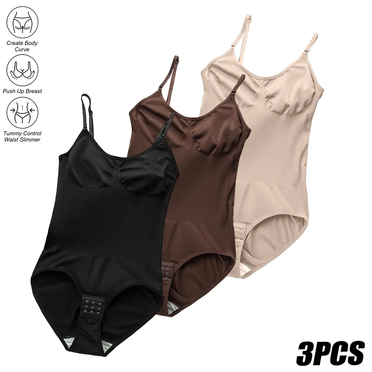 Women’s seamless waist-cinching, invisible one-piece shapewear bodysuit with wide shoulder straps; triangle-cut briefs with a front zipper that tightens the abdomen, lifts the buttocks, and provides enhanced shaping and tummy control.