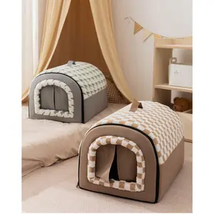 Winter Pet Bed with Thickened Arc Shape and Detachable Design Large Space Hoodie Christmas Dog Coat Set with Strap Festive Candy Cane Chew Toy Costume Pattern Cape Fluffy Cloud Anti-Slip Rubber Sole for Dogs Shaped Beds