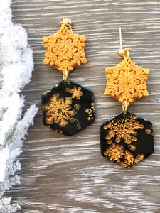 Gloria - Gold Snowflake & Black Hexagon Embossed Gold Snowflake Earrings