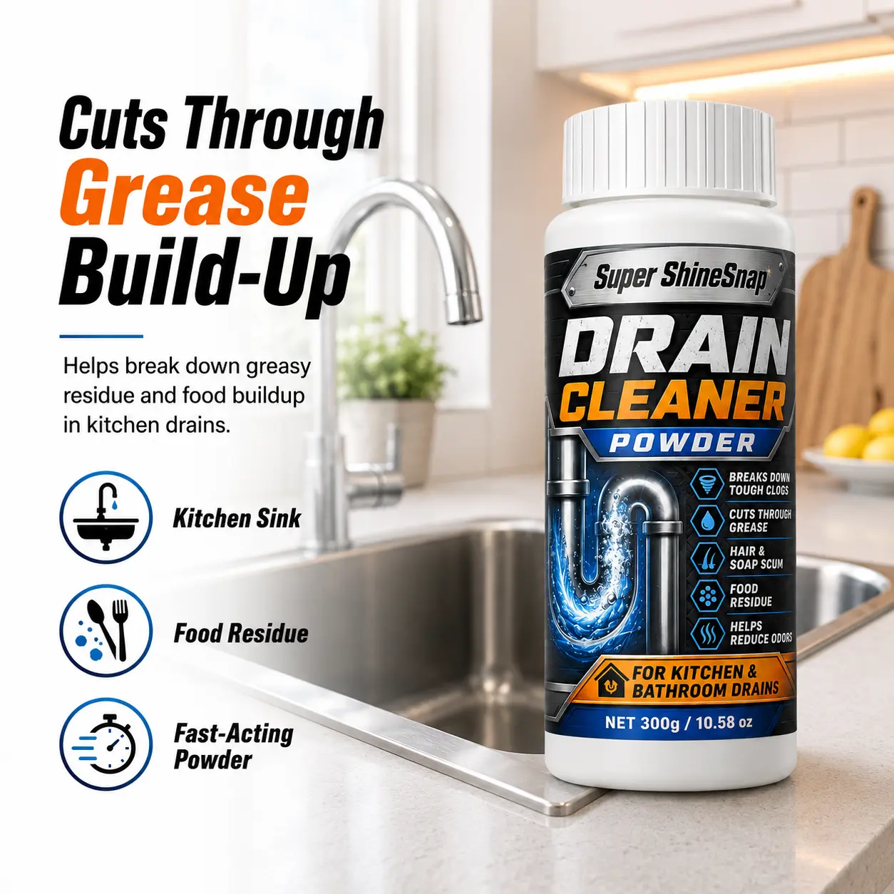 3 Bottles 300g Each Drain Cleaner Powder + Free Towel – Fast Clog Remover for Kitchen & Bathroom , Dissolves Hair, Grease & Food Buildup in Minutes