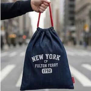 Vintage New York Print Denim Drawstring Bag, Reusable Cotton Drawstring Pouch, Multi-Use Storage Bag for Travel, Shoes, Gifts, Laundry