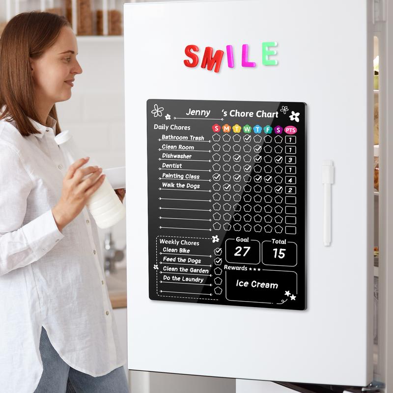 NiHome Magnetic Acrylic Chore Chart for Kids, 12"x9" Clear Black Background with 6 Hidden Strong Magnets, Scratch-Resistant Reusable Dry Erase Board for Fridge Organization and Daily Task Management