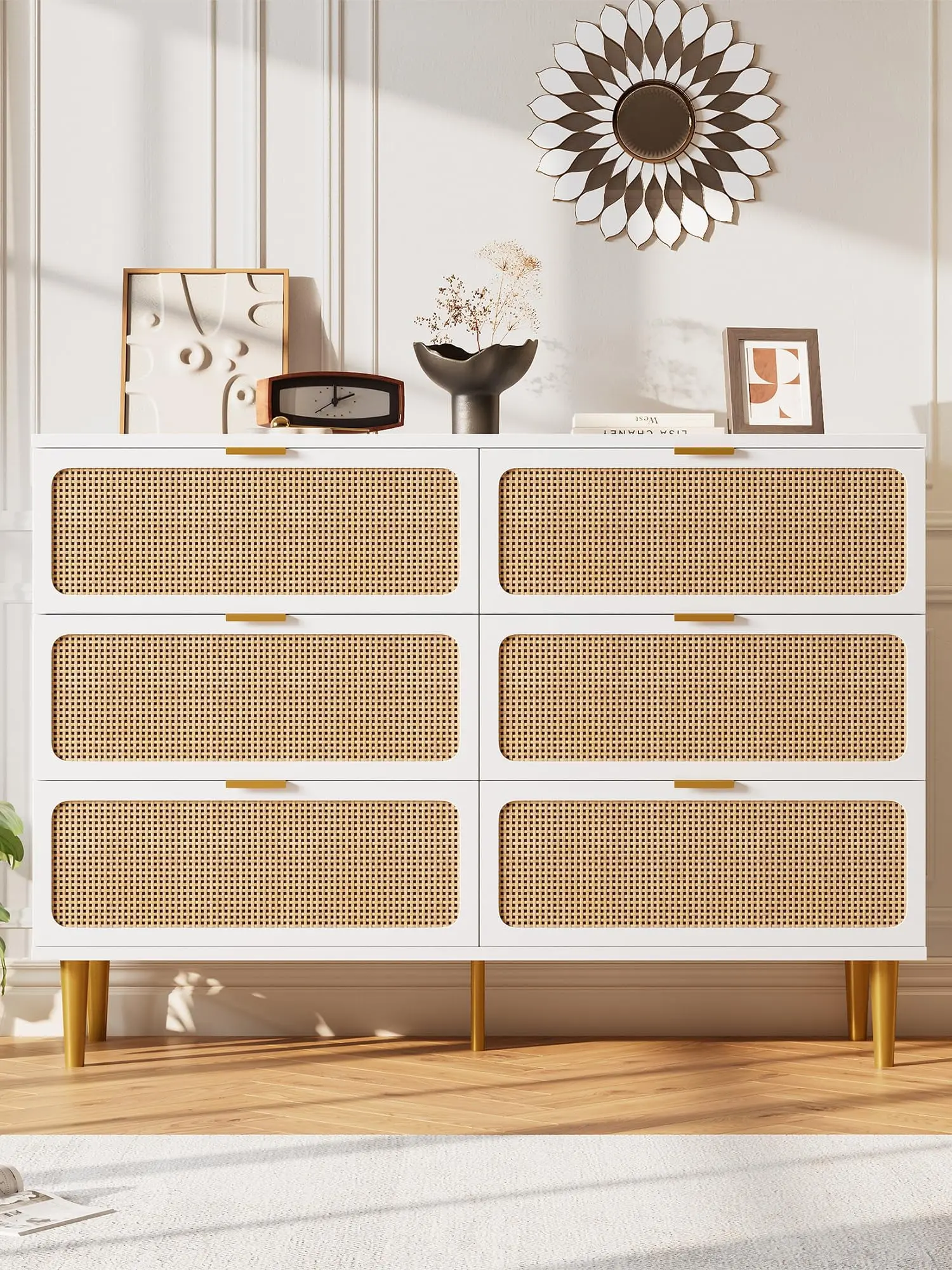 Gaomon 6-Drawer Rattan Dresser - Natural Wood Horizontal Modern Living Room Dresser with Metal Legs, Wide Top, Deep Drawers, Stable, Durable, Easy Setup, Detailed Manual, Assembly Required for Bedroom, Rattan Dressers