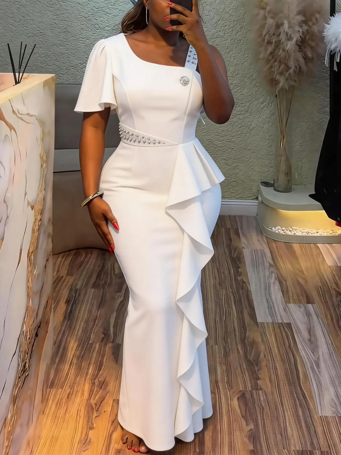 Elegant One Shoulder Maxi Dress Asymmetric Ruffle Rhinestone Accents Vintage Perfect for Formal Events Weddings or Galas Gowns Womenswear Elegance - TikTok Shop Elegant One Shoulder Maxi Dress Asymmetric Ruffle Rhinestone Accents Vintage Perfect for Formal Events Weddings or Galas Gowns Womenswear Elegance - TikTok Shop