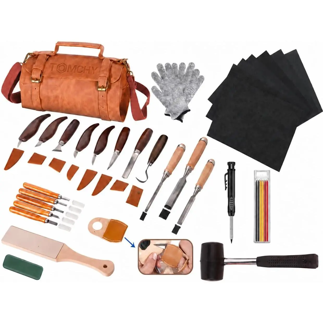 wood carving kit with 3 chisels 13 knives rubber mallet marker sandpaper high carbon steel wood carving tools walnut handles gloves storage bag 25pcs complete woodworking carving set for beginners and professionals all in one wood carving too