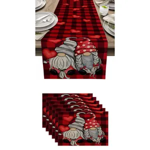 7-Piece Buffalo Plaid Heart Shape Dwarf Love Festival Table Runner Throw Pillow Mat Set, Kitchen Dining Room Decor, Home Party Decoration