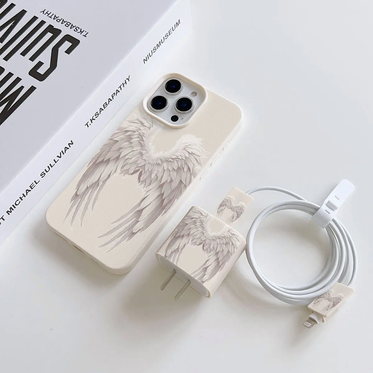 5-Piece Set Angel Wing Phone Case, Charger Head Cover, Cable Protector, Storage Rope, Shockproof for iPhone 15/16 Series