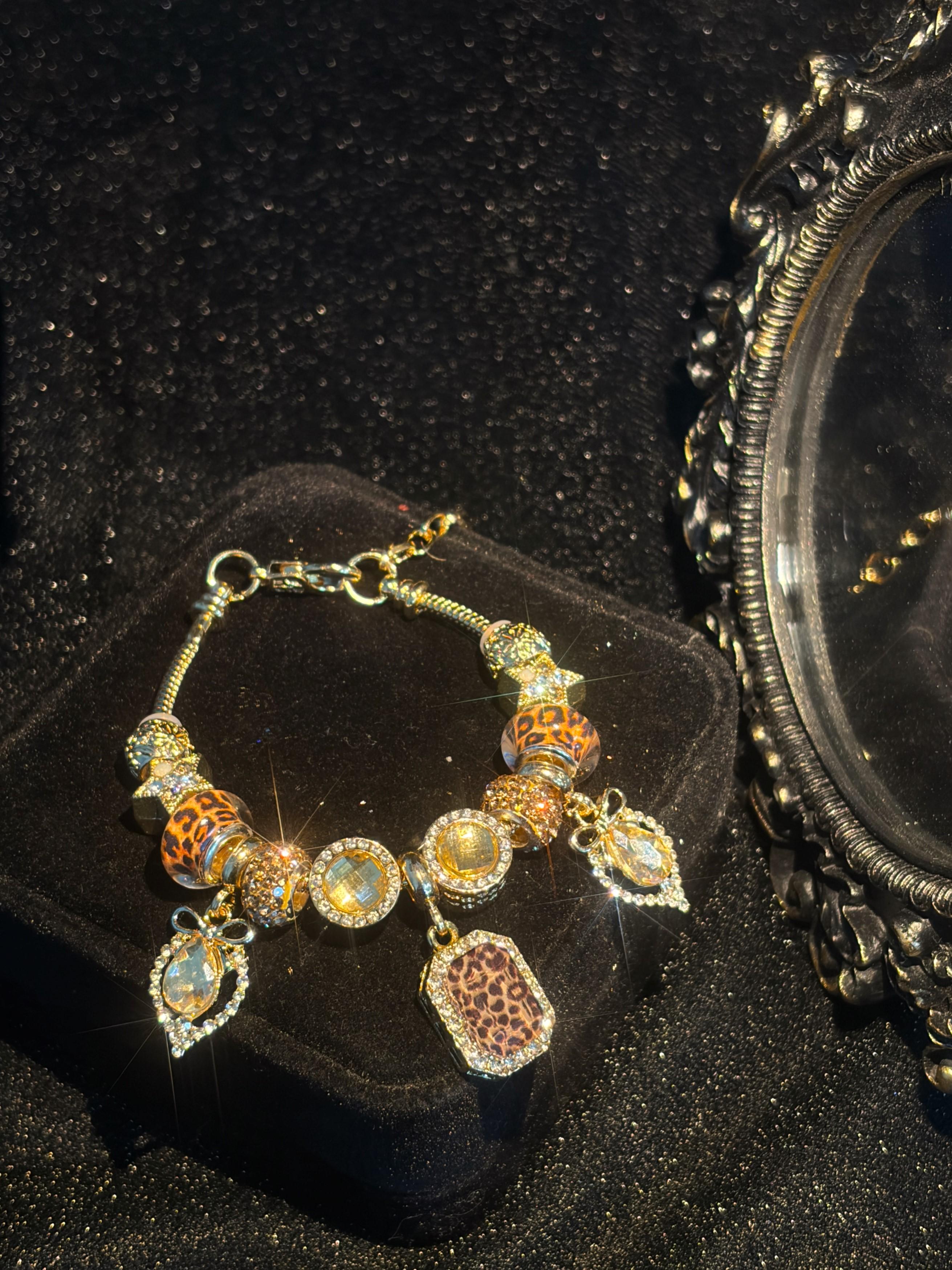 Women’s Gold-Tone Snake Chain Bracelet - Leopard Print Beaded Design, Square Leopard Tag, Sparkling Crystal Drop Pendants - Fashion Costume Jewelry for Daily, Night-Out Occasions Women’s Gold-Tone Snake Chain Bracelet - Leopard Print Beaded Design, Square Leopard Tag, Sparkling Crystal Drop Pendants - Fashion Costume Jewelry for Daily, Night-Out Occasions