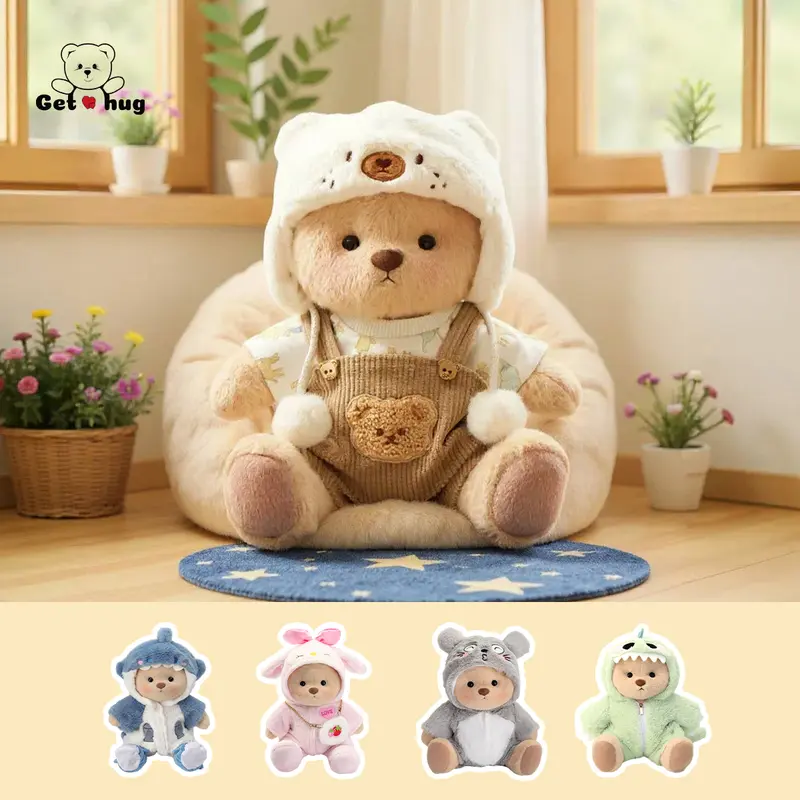 【FallPickDeals】GETAHUG 12-in Medium Teddybear Stuffed Animal - Durable Soft Fluffy Cuddly Plushie with Interchangeable Outfits (Hat, Blue Shark, Pink Dinosaur, Elephant, Heart-Shape Sweater) - Cute Collectibles, Romantic Birthday GF Gift