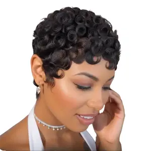 Short Glueless Pixie Cut Wig 100% Human Hair Curly Wave Pixie Cut Wig with Bangs for Black Women 180 Density Lace Rose Net Cap No Shedding Tangles Glueless Easy Wear