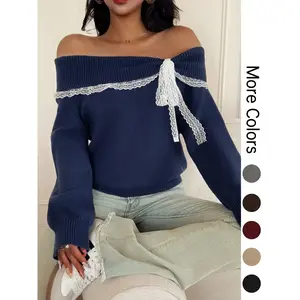 Women’s Off-Shoulder Lace Bow Long-Sleeve Pullover Sweater, Cute Fitted Knit Top for Fall & Winter, Casual Fashion for Ladies, Women Fall Outfit, Cute Winter Sweater for Women, Autumn Knitwear