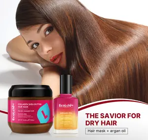 ECOLCHIPRO Collagen Shea Butter Hair Mask Argan Oil Set Deep Repair Conditioning Collagen Hair Treatment for Dry and Damaged Hair All Hair Types 550ml+60ml 18.6floz + 2floz Organic Haircare Moisturizing Vegan Haircare Thickening Essentials Duo