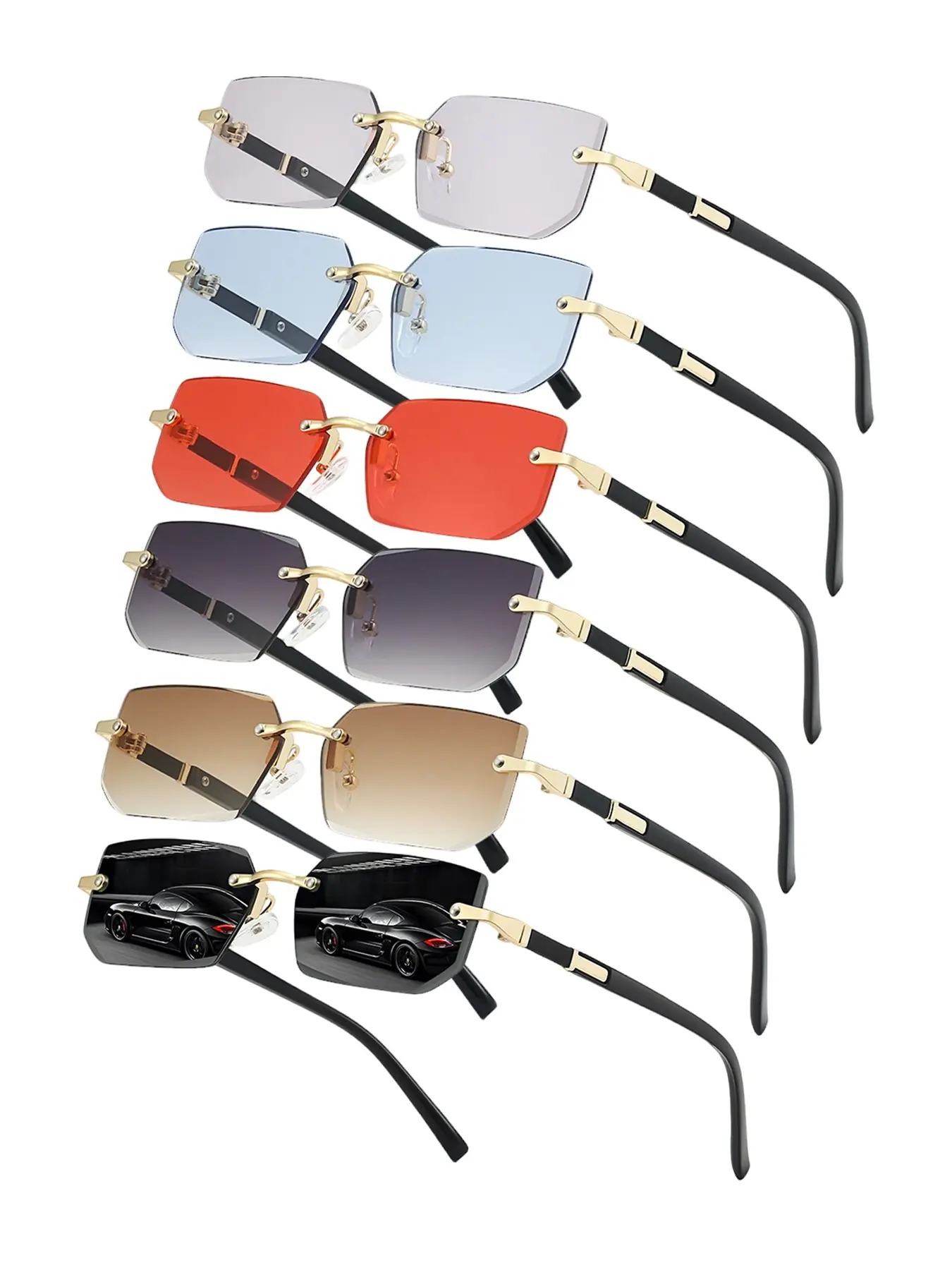 6 pairs of combination rectangular frameless fashion decoration gradient glasses, Decorative glasses, Casual Stylish Glasses, metal design, metal temple for increased durability, perfect for daily casual, travel essentials, Gradient Lenses