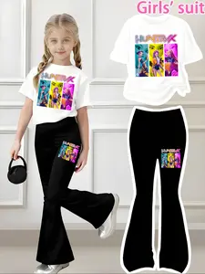 Halloween Christmas Costume Set, Witch Pattern Print 2-Piece Suit Girls Casual Sports Short Sleeve & Bell Bottoms, Youth Trendy Sportswear, Children