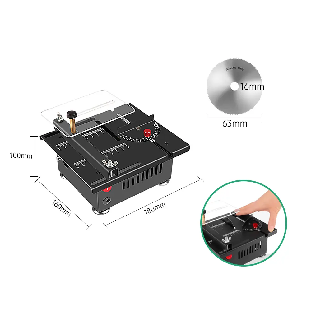 100W Multi-Functional Mini Desktop Electric Table Saw Power Tool, 24V, 110-240V Power Adapter, Plastic Build, Speed & Angle Adjustable, 16MM Cutting Depth, 180*160*100mm, Includes Blade, Flexible Shaft & Extra Accessories, Screwdriver, 1 * Brush