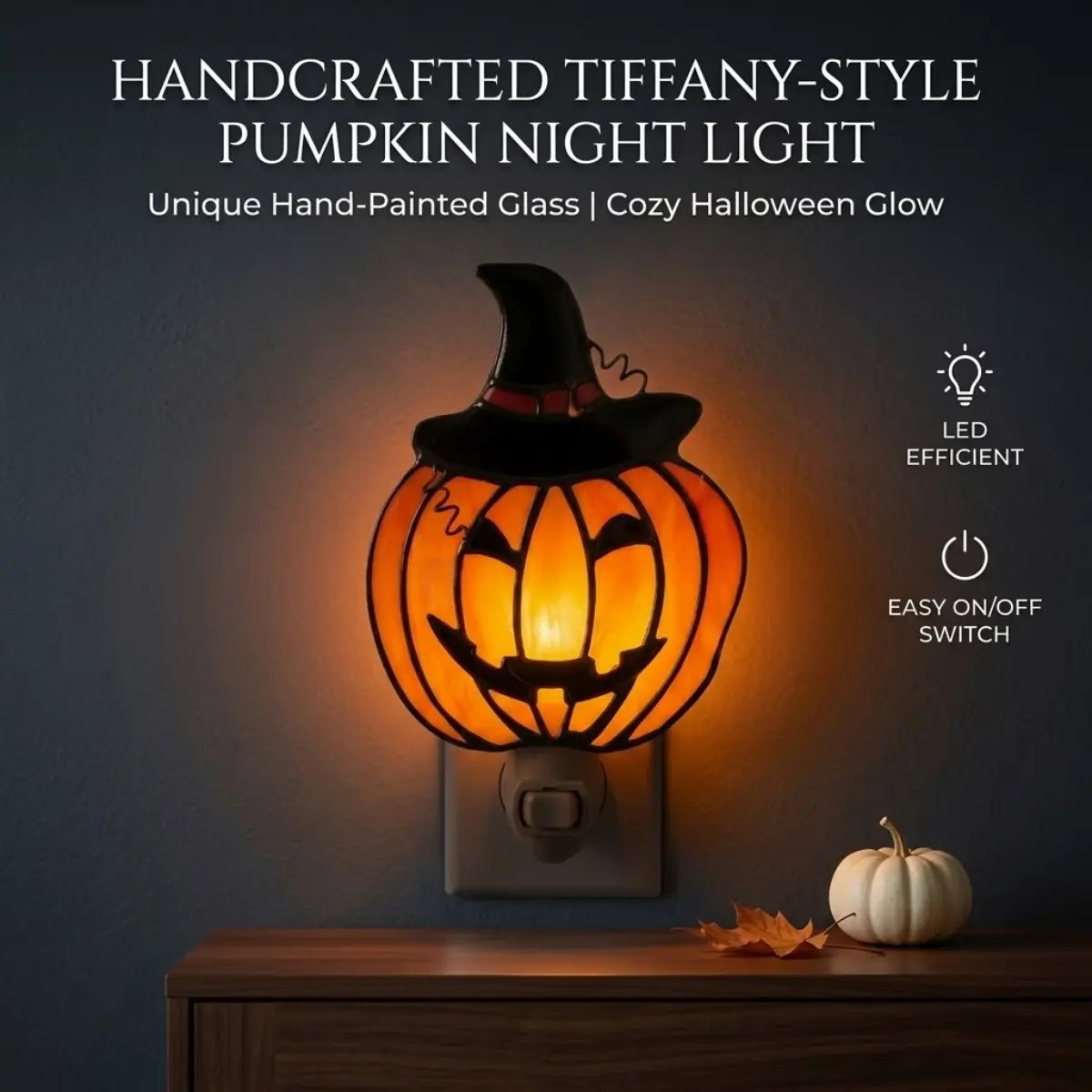Halloween Pumpkin Night Light - Stained Glass Style Plug in Wall Nightlight with On/Off Switch, Warm LED Decor for Hallway, Bathroom & Bedroom, Spooky Halloween Gift for Home