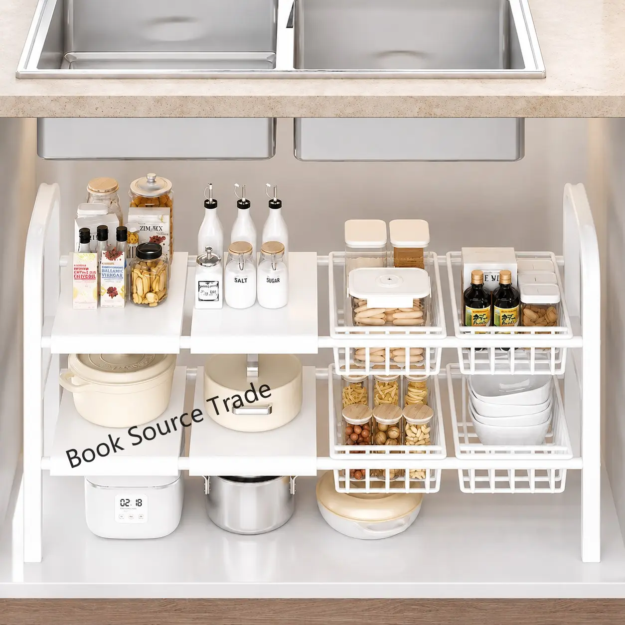 Expandable Floor-Standing Kitchen Under-Sink Storage Rack, Multi-Tier Home Organizer, Multifunctional Drying Rack & Spice Shelf