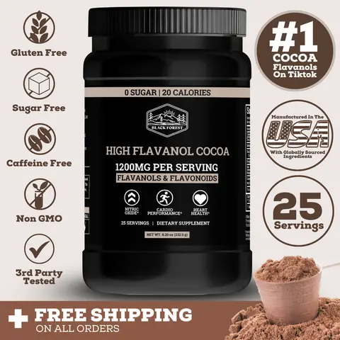 Black Forest Supplements Cocoa Flavanols & Flavonoids Powder - 1200mg per Serving, 600mg Epicatechin, Supports Circulation, Energy, Heart Health, Dark Chocolate Beverage Supplement