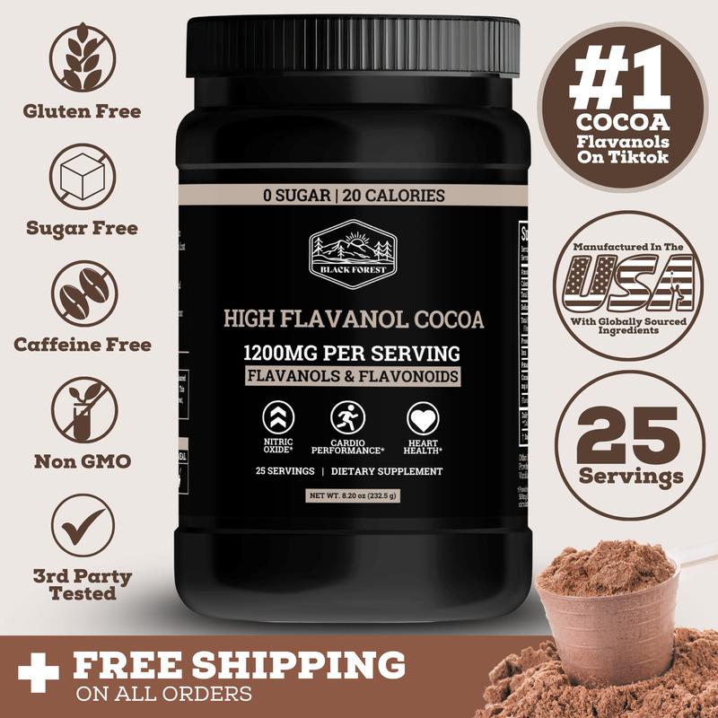 Black Forest Supplements Cocoa Flavanols & Flavonoids Powder - 1200mg per Serving, 600mg Epicatechin, Supports Circulation, Energy, Heart Health, Dark Chocolate Beverage Supplement