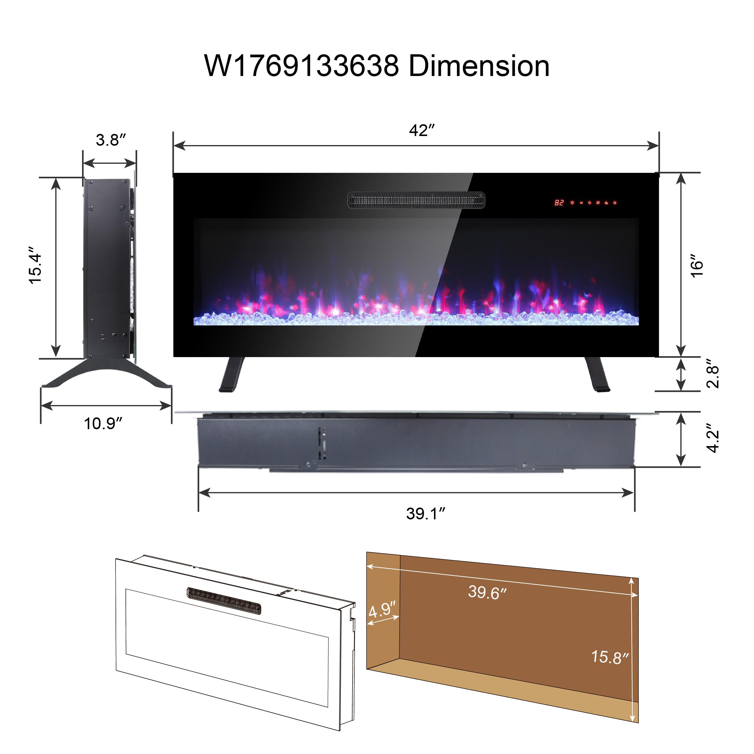 Eyisean 36"/42" Electric Insert Fireplace Heater, Wall-Mounted Recessed Thin Tempered Glass Fireplace with Remote Control & LED Light, 1400W Heat & Adjustable 16 Flame Colors, 3 Display Styles and Timer for Living Room, Bedroom