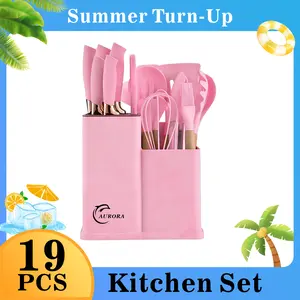 19PC Nonstick Cooking Set with Green-Tone Wooden Handles & Silicone Utensils - Non-Stick Safe, Easy to Clean St. Patrick's Day Kitchen Gift for Her,summerwins