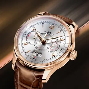 LOBINNI Luxury Men'S Pilot Watch Elegant Rose Golden Stainless Steel Mechanical Skeleton Strap Artificial Leather Strap Modern Pilot Design, Without Battery