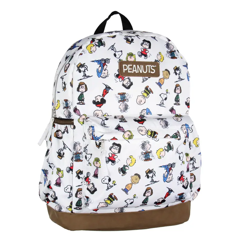 Peanuts Snoopy Charlie Brown Sally Linus Cute School Travel Backpack With Faux Leather Bottom 16"