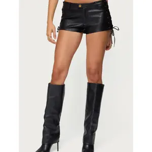 Edgy Chic Faux Leather Mini Shorts Low Waist Side Lace Up Gold Button Decor Sexy Party Night Club Outfit